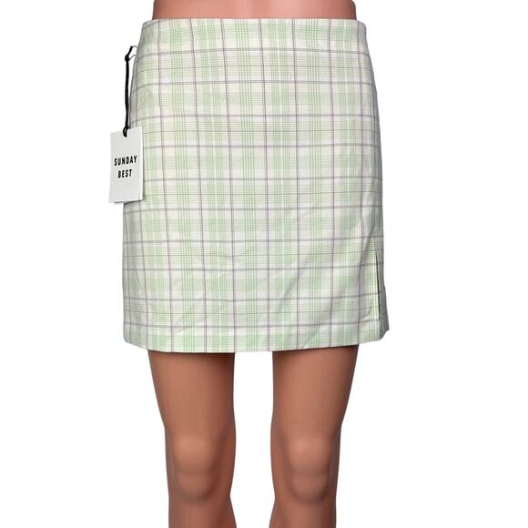 Aritzia Dresses & Skirts - NEW Aritzia Sunday Best Tatiana Lola Green Plaid Slit Straight Mini Skirt Size 2